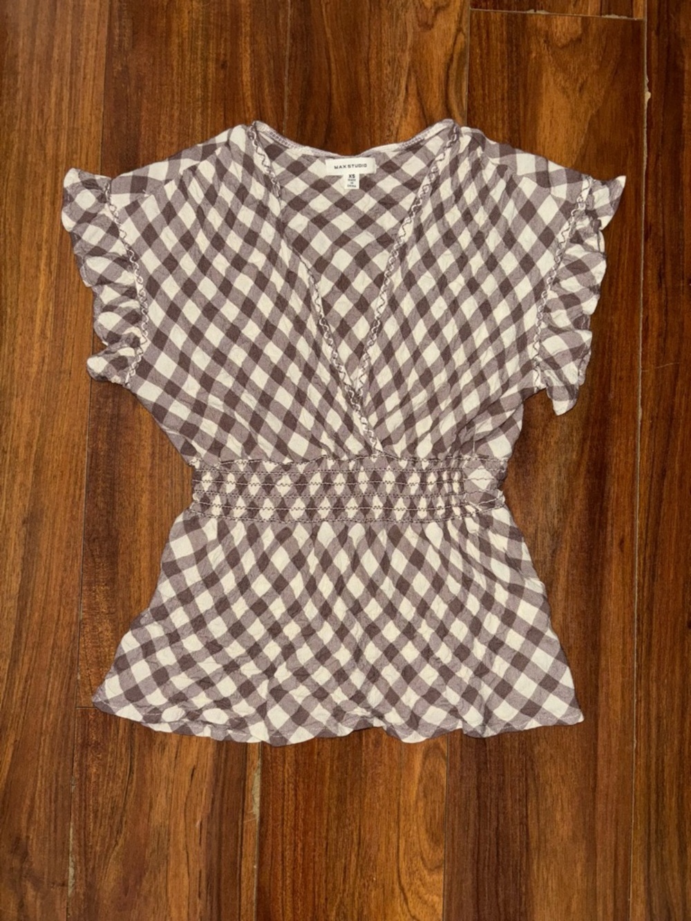 Max Studio Brown and White Gingham Smocked Flutter Sleeve Top